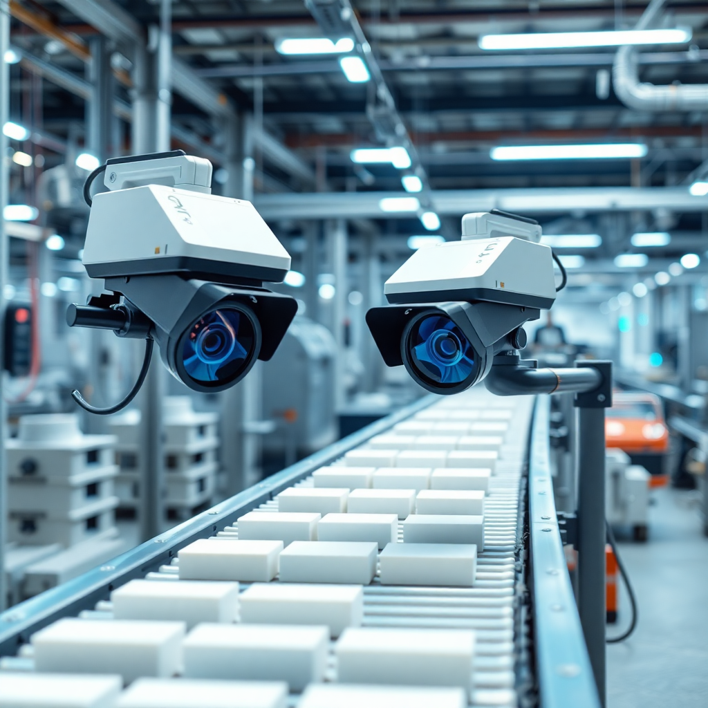 industrial factory with AI vision cameras inspecting products on conveyor belt, blue lighting, modern manufacturing