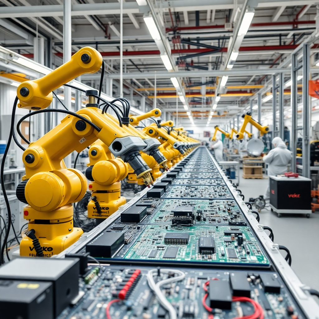 electronics assembly line automation with robotic arms handling circuit boards, modern factory, clean environment