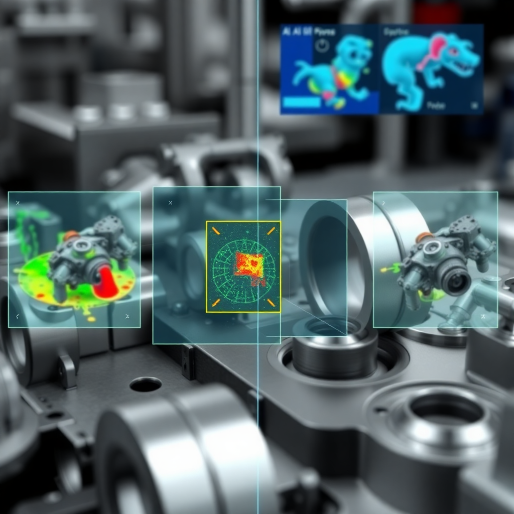 AI vision system interface showing defect detection on manufacturing parts with overlay graphics