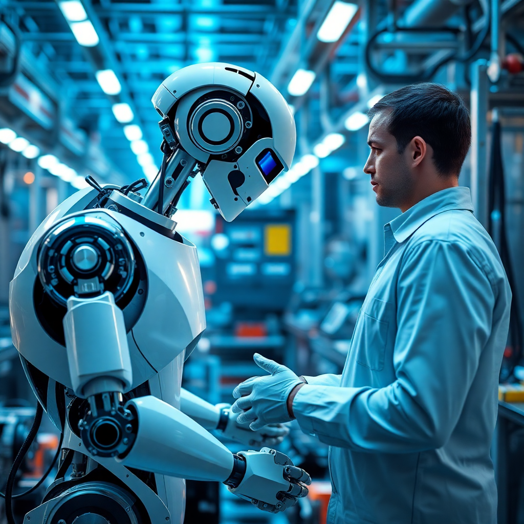 collaborative robot working with human in automotive parts assembly line, futuristic factory, blue lighting