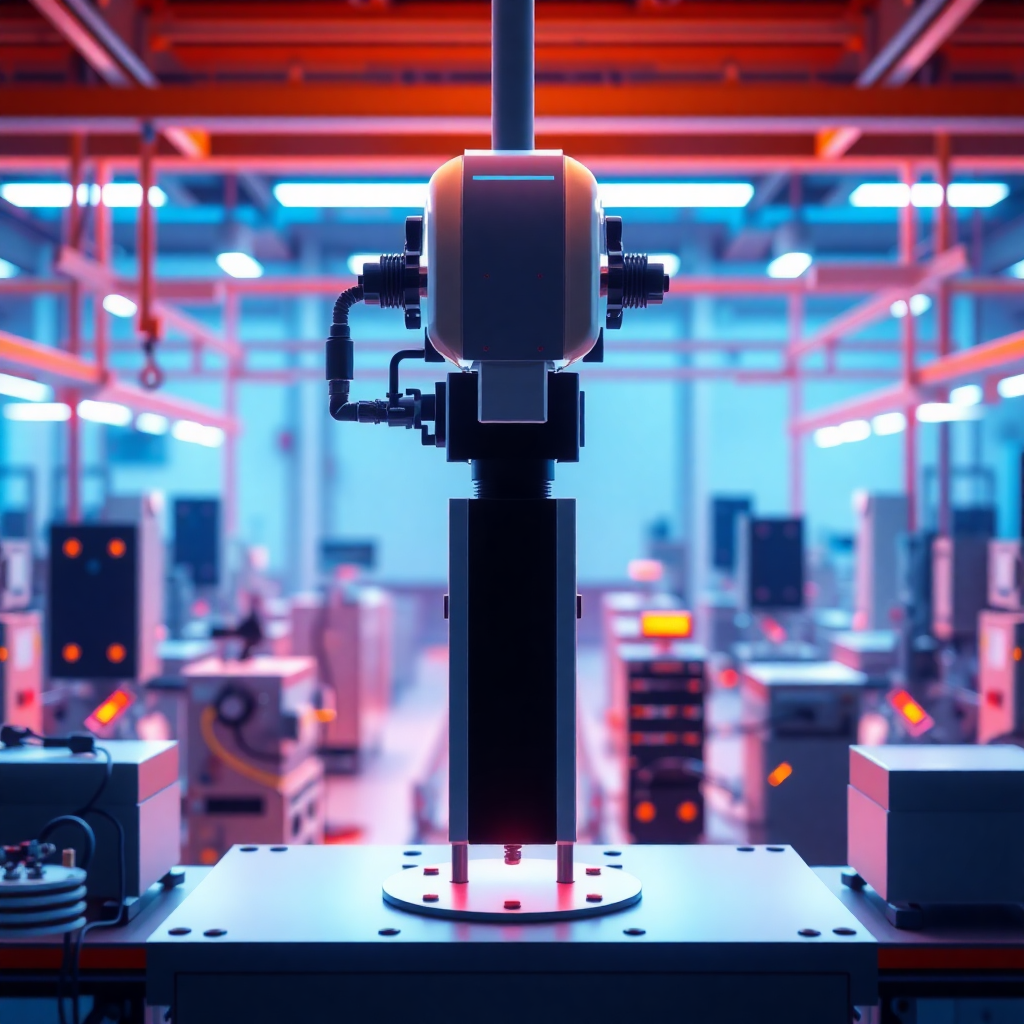 futuristic AI and robotics manufacturing automation with blue and orange lighting, minimal modern style