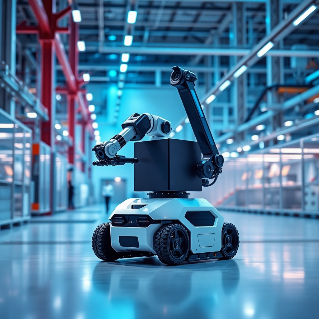 mobile AMR robot with collaborative robotic arm and 3D scanner scanning industrial product in modern factory, blue lighting, futuristic manufacturing
