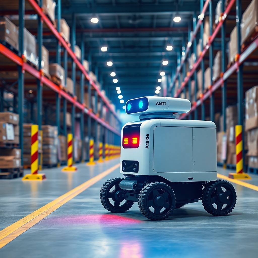 collaborative robot with safety sensors working alongside human in manufacturing environment, safety barriers and markings visible
