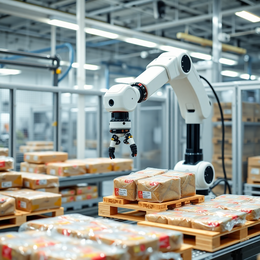 collaborative robot working on food packaging and palletizing in modern factory, clean environment