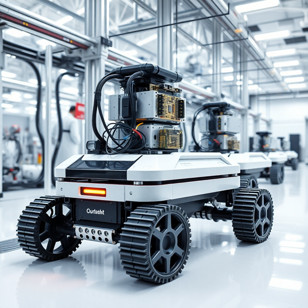 autonomous mobile robots transporting semiconductor components in clean room facility, high-tech manufacturing, precision