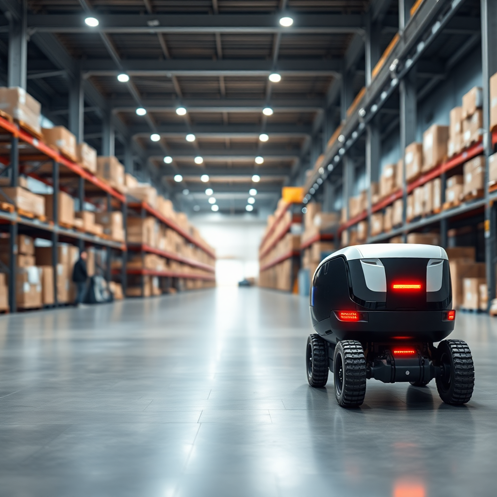 human working with collaborative robot, autonomous mobile robots moving products in a modern factory, futuristic, clean design, blue lighting