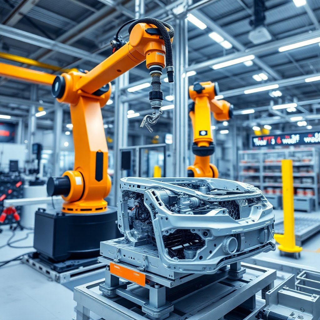 automotive parts inspection and handling automation with robotic arms and vision systems in a modern factory