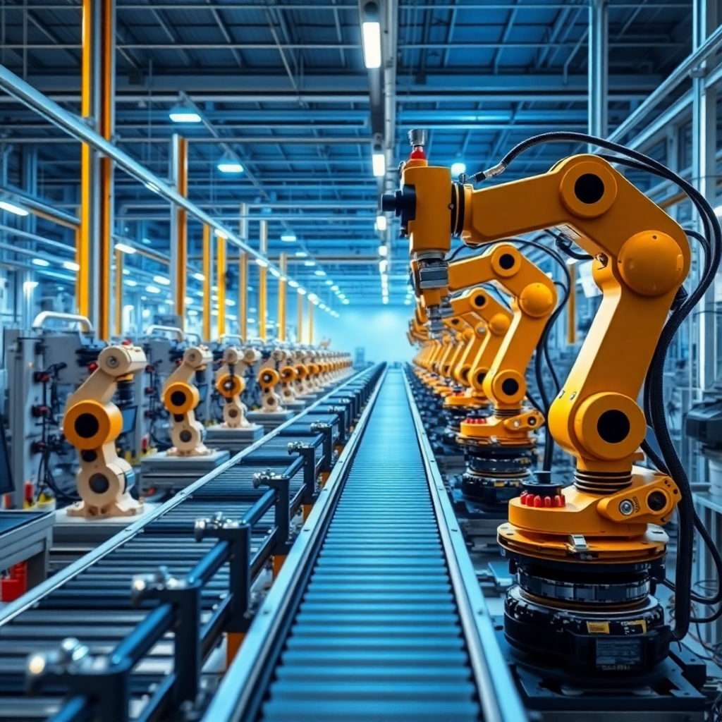 automated manufacturing production line with robots and conveyors in a modern factory with blue lighting, industrial tech, high quality