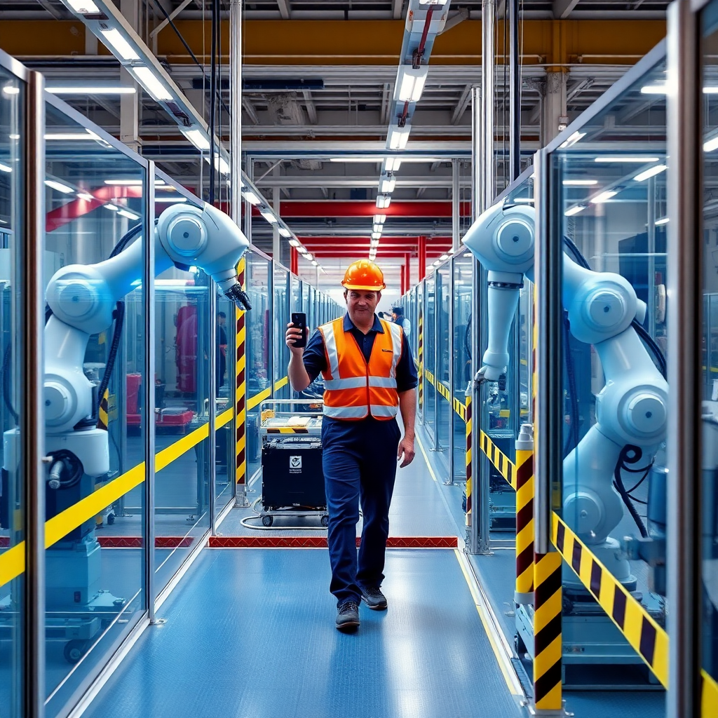 industrial safety barriers and collaborative robots working with humans in a manufacturing environment, safety compliance visualization