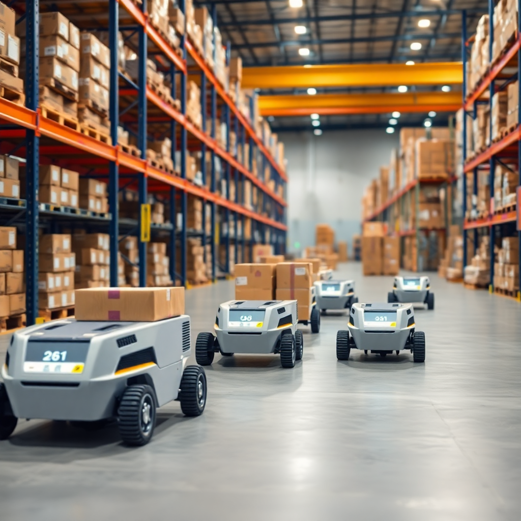 multiple autonomous mobile robots navigating in large warehouse with racks and packages, logistics automation