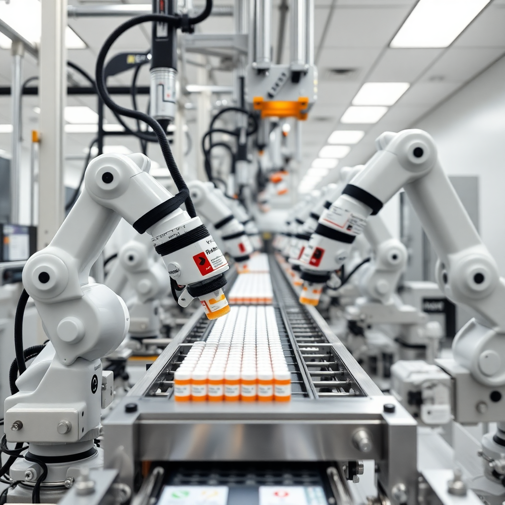 pharmaceutical production line automation with clean room robots handling medicine vials and packages